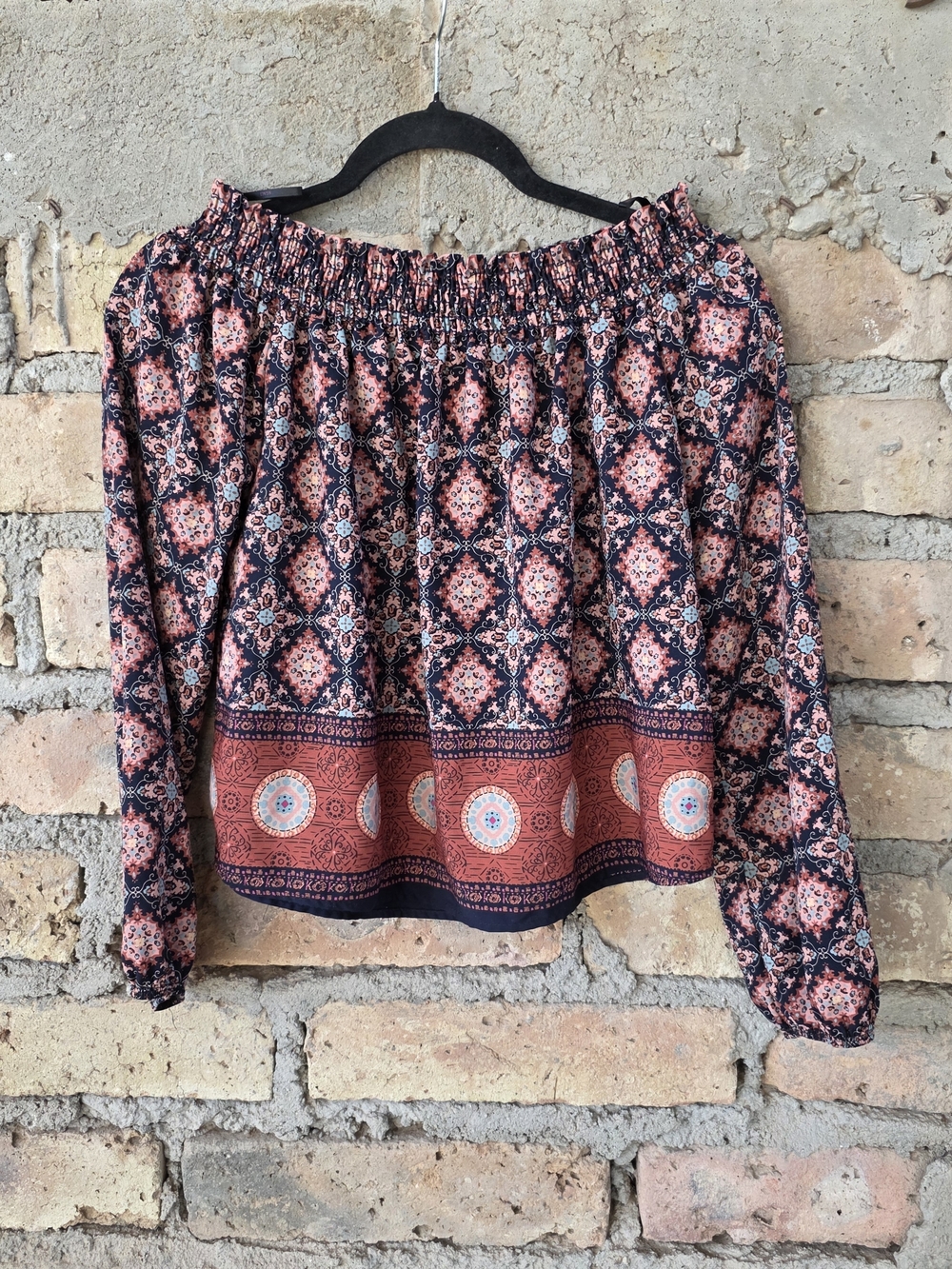 a'gaci Coral and Navy Off-Shoulder Boho Print Blouse